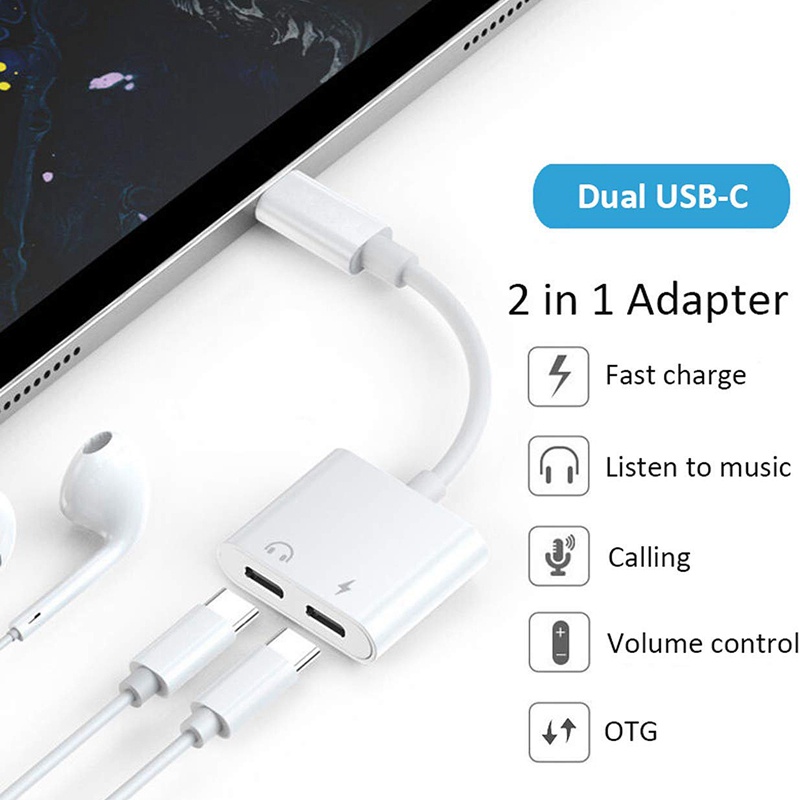 Thiết bị chuyển đổi 2 cổng tai nghe USB C màu trắng thích hợp cho Huawei Samsung Xiaomi