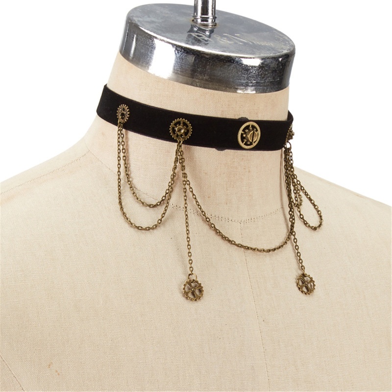 Vòng Cổ Choker Nhung Đen Phong Cách Steampunk Cổ Điển Kèm Dây Xích Kim Loại Có Thể Điều Chỉnh