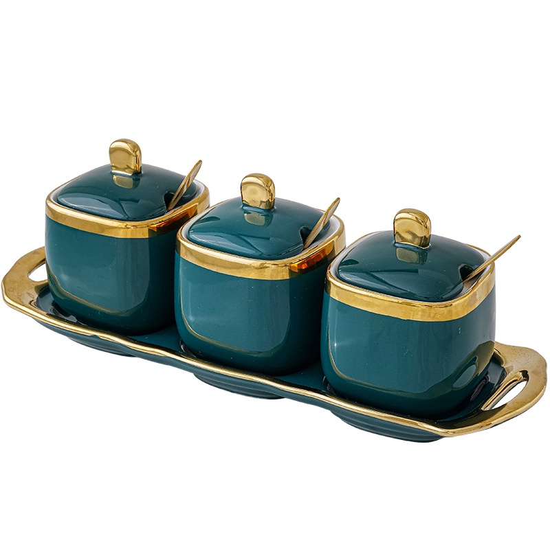 Hũ Gia Vị Gốm Sứ Cao Cấp Viền Vàng Phong Cách Bắc Âu Bộ 3 Hũ Có Thìa Và Khay