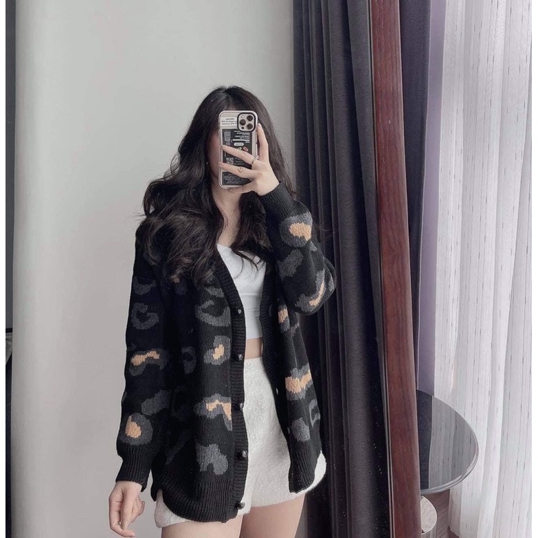 Áo khoác cardigan len họa tiết da báo dáng dài 3 màu