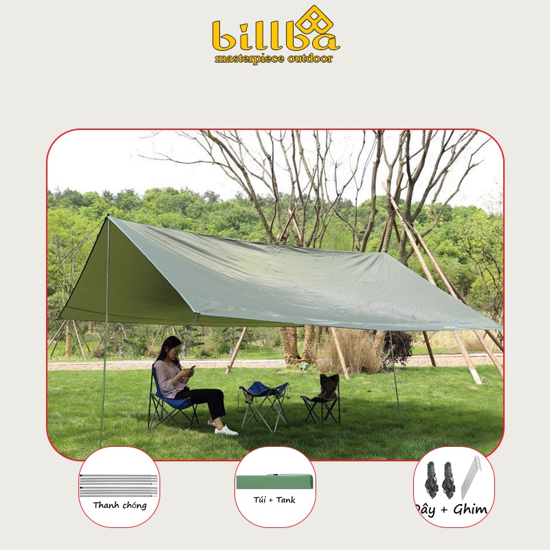 Tăng che lều khổ rộng kèm cây chống, cọc ghim, dây buộc -Mái tăng dã ngoại 3x4m có túi đựng kèm BB1811 - Billba Outdoors