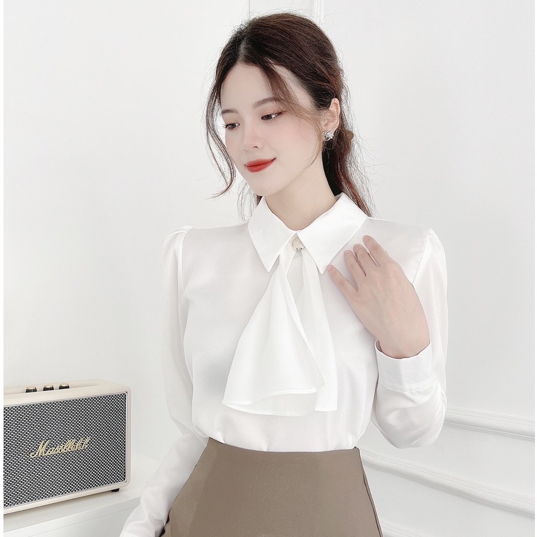Áo sơ mi nữ lụa mềm cổ nơ 1 khuy dài tay công sở HILA
