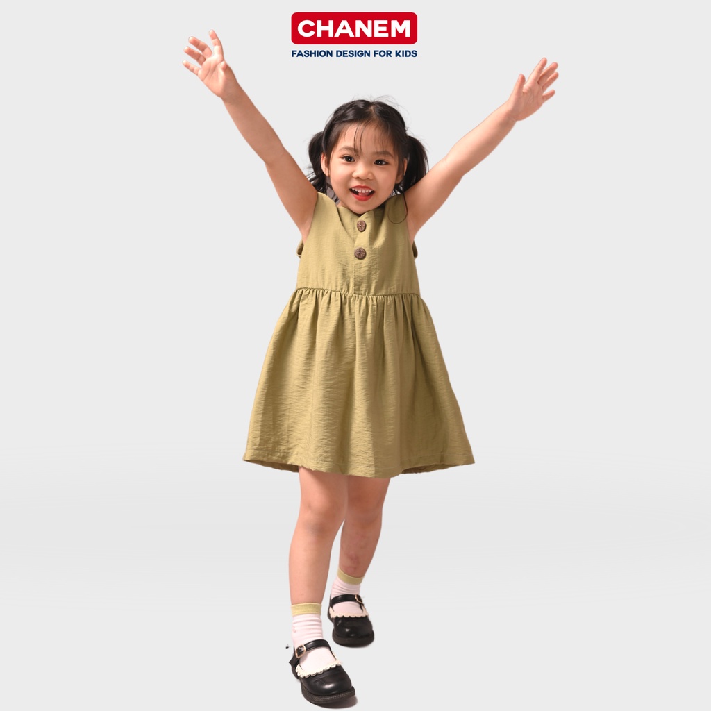 Váy cổ vuông xanh bơ phối cúc CERI DRESS chất đũi tằm cao cấp, mềm mại - Đầm cho bé gái CHANEM - Fashion Design For Kids