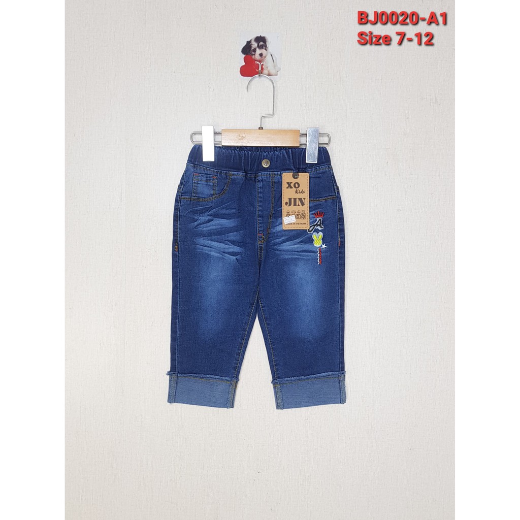 BJ0020 -A1 quần jean nữ lửng co giãn thêu thỏ màu xanh, hiệu XOKids, size 7-12cho bé từ 15-30kg