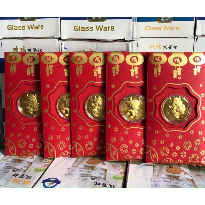 Phong bao lì xì mừng tuổi trâu vàng và thần tài mạ vàng 24k siêu đẹp