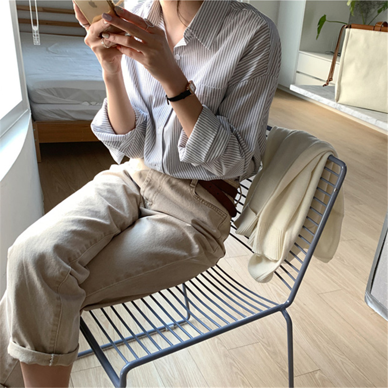 Áo sơ mi tay dài hoạ tiết kẻ sọc phong cách retro thời trang mùa thu dành cho nữ