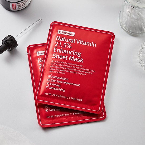 Combo 10 Mặt nạ giấy dưỡng trắng da làm mờ vết thâm By Wishtrend Natural Vitamin C 21.5 Enhancing Sheet Mask 23ml x 10