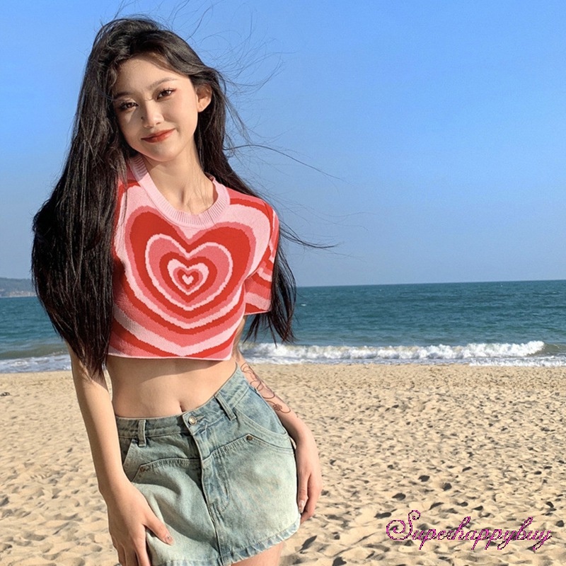 Áo Thun Dệt Kim Tay Ngắn Cổ Tròn In Hình Trái Tim Thời Trang Cho Nữ
