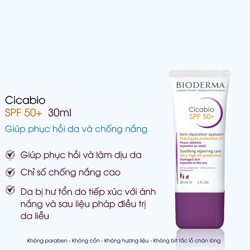 Kem dưỡng da và chống nắng,chỉ số chống nắng cao giúp phục hồi,làm dịu cho làn da bị hư tổn Bioderma Cicabio Spf 50+30ml