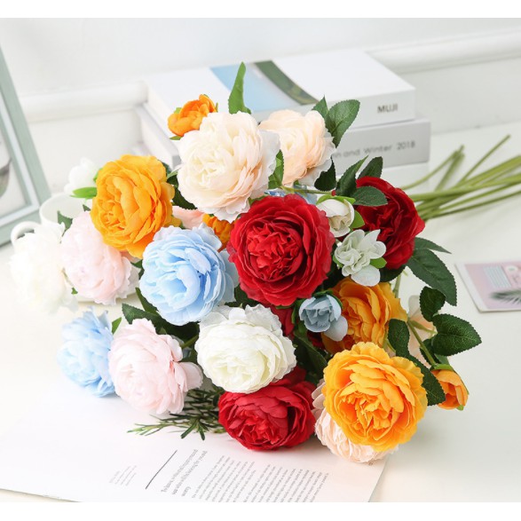 Hoa giả - Hoa hồng mẫu đơn cao cấp cành 2 bông to 8cm 1 nụ -Trang trí sự kiện, tiệc cưới, nội thất, phụ kiện chụp ảnh