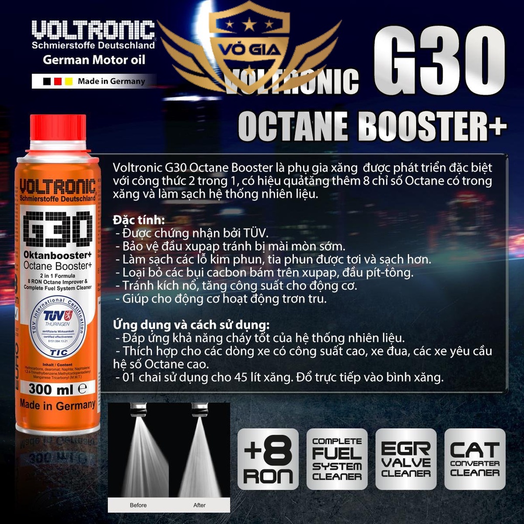 Voltronic G30 Octane Booster Phụ Gia Xăng Tăng Octane Làm Sạch Hệ Thống Nhiên Liệu - Buồng Đốt