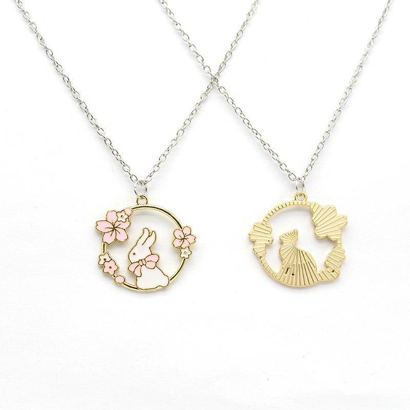 Vòng cổ Mặt Hình Mèo / Thỏ / Hoa Anh Đào Khoét Rỗng Màu Hồng Dễ Thương