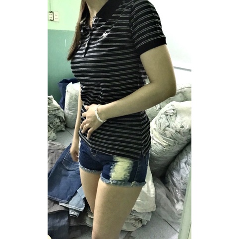 Áo Thun Nữ Kẻ Ngang Cổ Polo Tay Ngắn ABERCROMBIE Hàng Xuất Xịn Cao Cấp Chuẩn Hãng