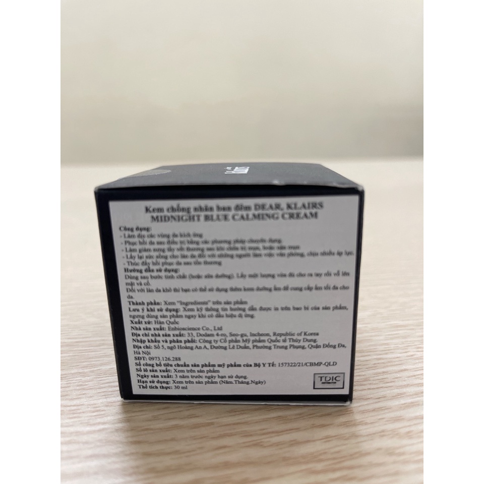 Kem Dưỡng Dear Klairs Midnight Blue Calming Cream 30ml - Dưỡng Trắng Sáng, Làm Dịu Và Phục Hồi Da