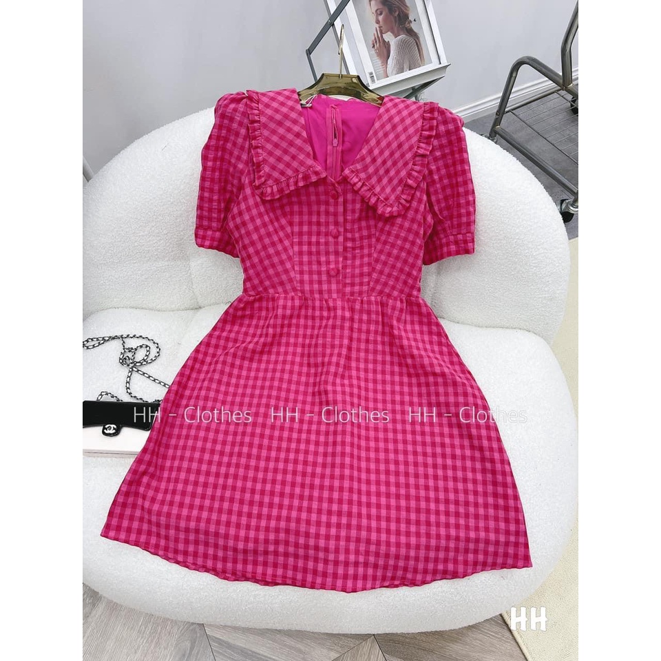 Váy babydoll vải đũi mềm đầm kẻ hồng sen mịn mát from dưới 58kg-Minxy shop