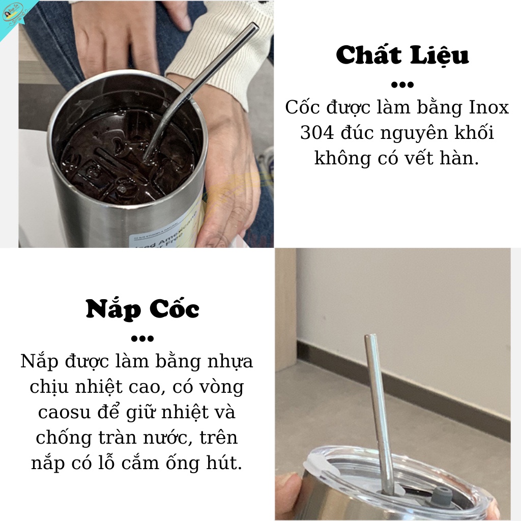 Cốc cà phê giữ nhiệt Iced Americano Ly inox giữ nhiệt có ống hút Bình uống nước giữ nhiệt bằng thép không gỉ 600ml DunSu