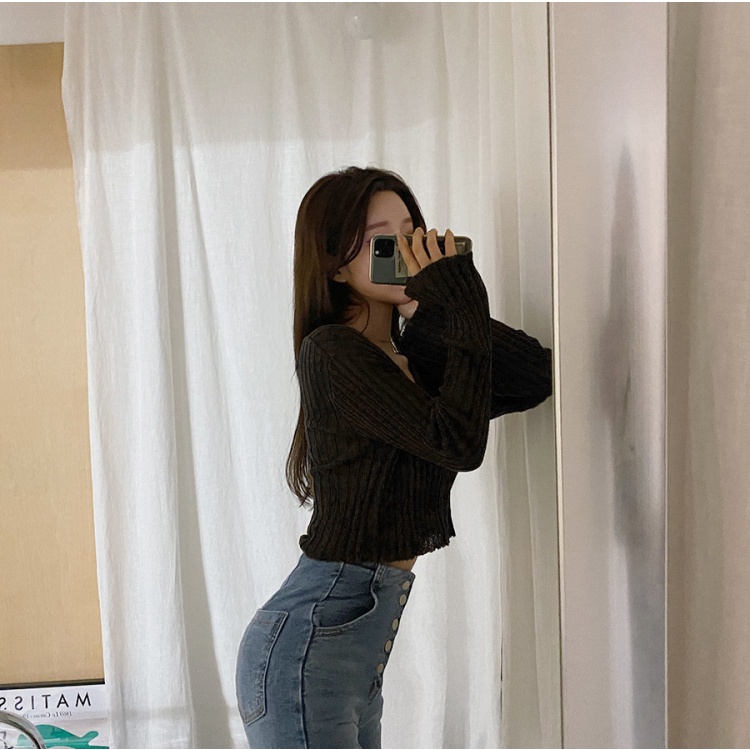 Cocory vn Áo Croptop Tay Dài Dáng Rộng Cổ Chữ V 3 Màu Thời Trang Quyến Rũ Cho Nữ