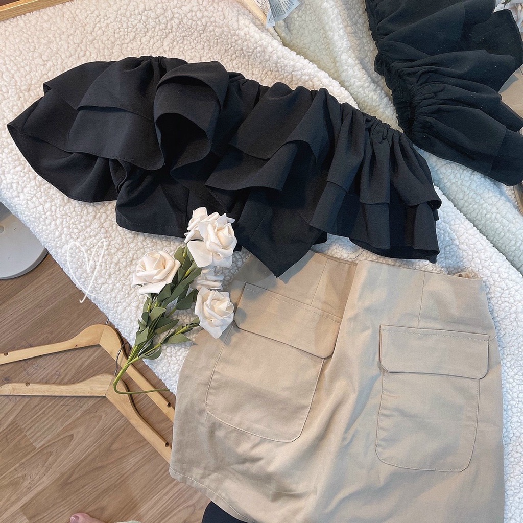 SET ÁO BẸT VAI ĐEN BÈO + CHÂN VÁY TÚI NẮP KEM