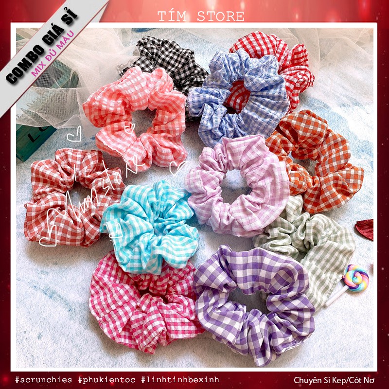 Set 10 cột tóc vải scrunchies hoa vintage retro vải đẹp cotton lụa thô đũi các loại TIMSTORE