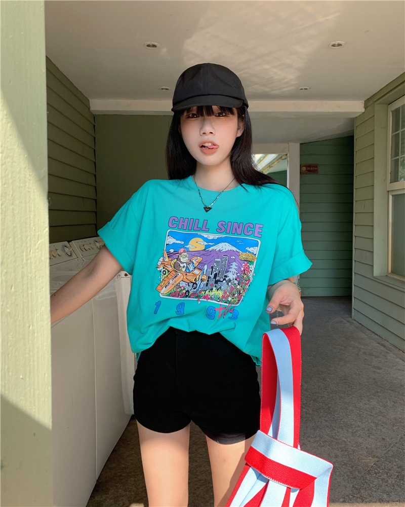 Áo Thun Cotton Nguyên Chất Ngắn Tay Dáng Rộng In Hình Truyện Tranh Phong Cách Mới Mùa Hè 533