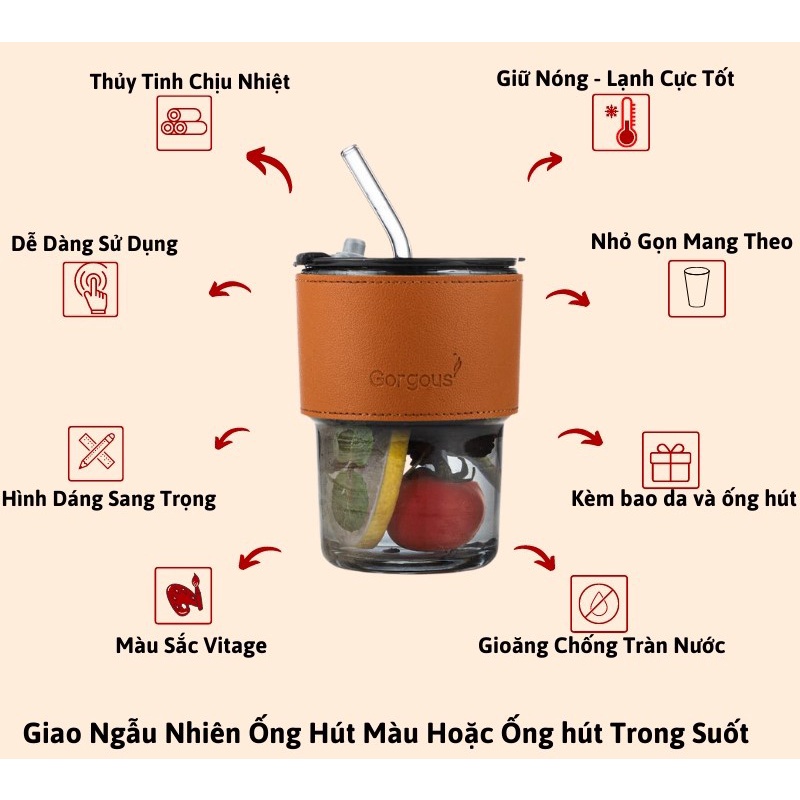 Cốc thủy tinh bọc da hổ phách dung tích 450ml kèm ống hút thủy tinh