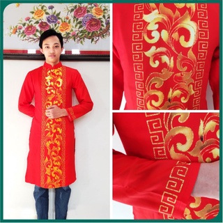 Áo dài nam cách tân đỏ in họa tiết truyền thống sọc giữa áo, áo dài nam đỏ adctniht-đỏ4