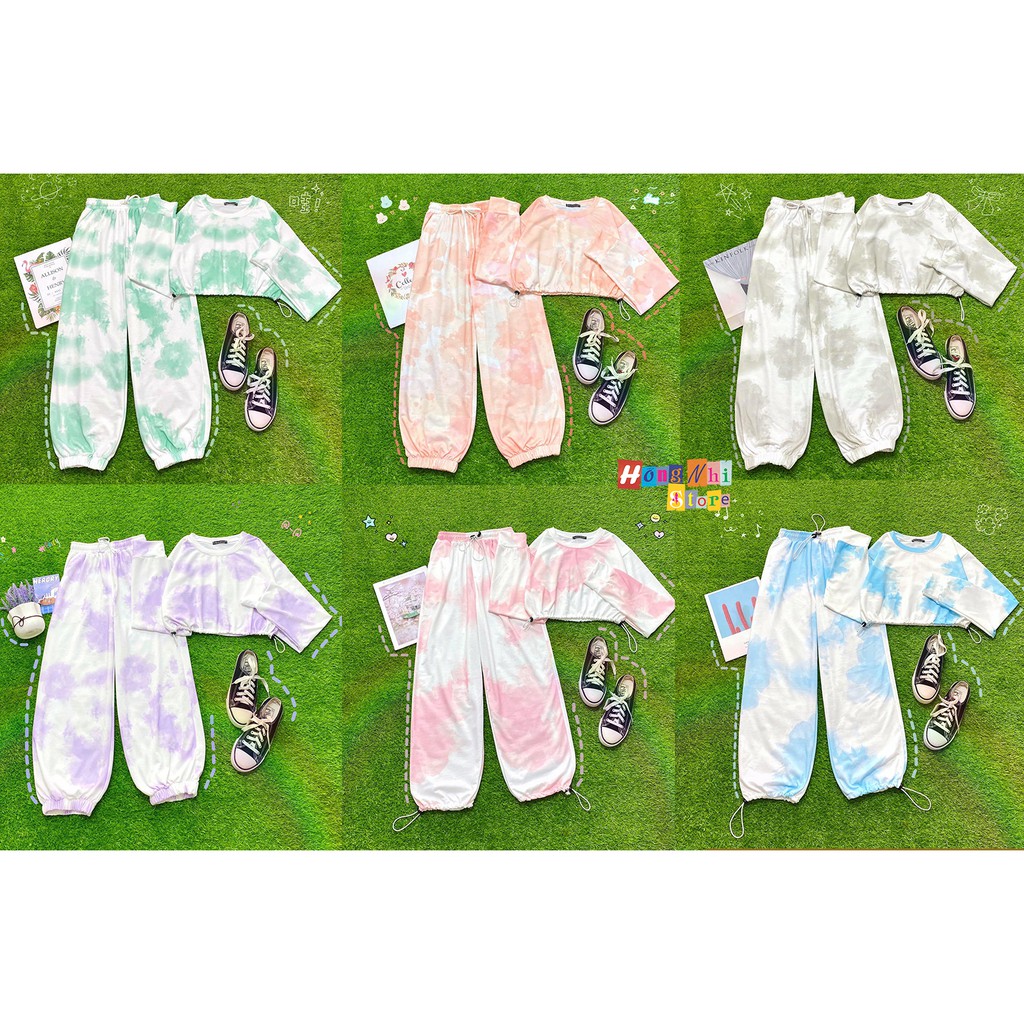 Set Bộ Áo Croptop Dây Rút Loang Màu Tay Dài Phối Quần Jogger 3D Ulzzang Dáng Rộng - MM