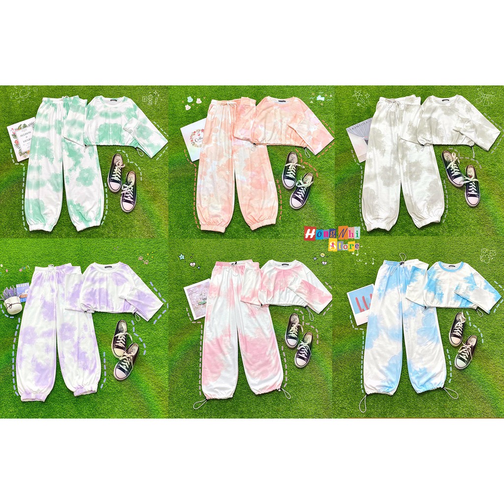 Set Bộ Áo Croptop Dây Rút Loang Màu Tay Dài Phối Quần Jogger 3D Ulzzang Dáng Rộng - MM