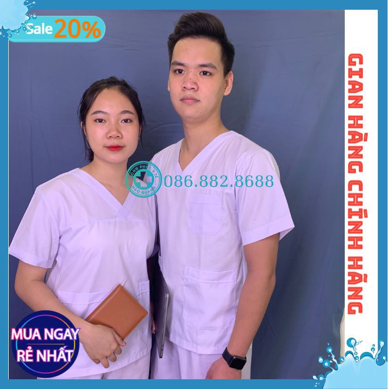 [Mã QUANCHAOH giảm 10K đơn 150K] Bộ Scrubs Bác Sĩ, quần áo phòng mổ, đồng phục phẫu thuật, đồng phục spa màu Trắng hàng