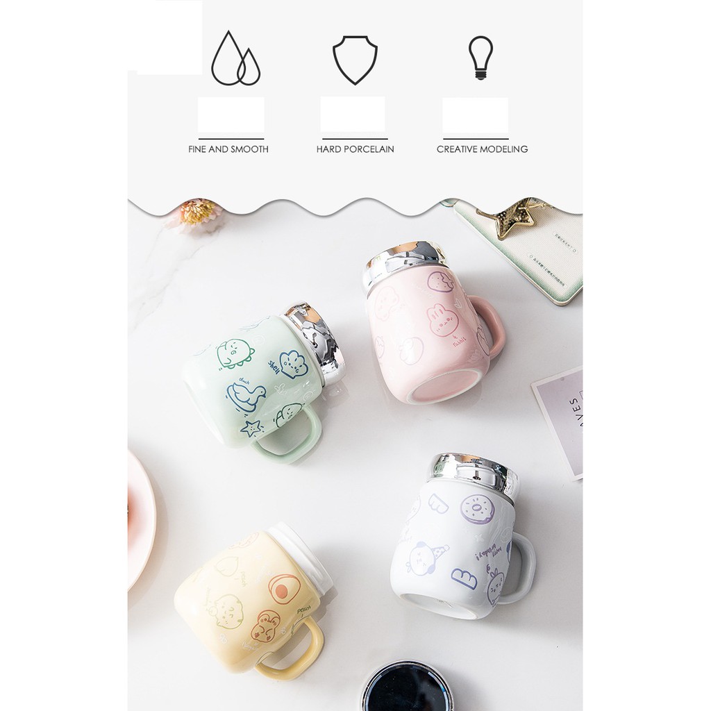 Ly cốc sứ giữ nhiệt nắp tráng gương hoạ tiết hoạt hình cute 470ml