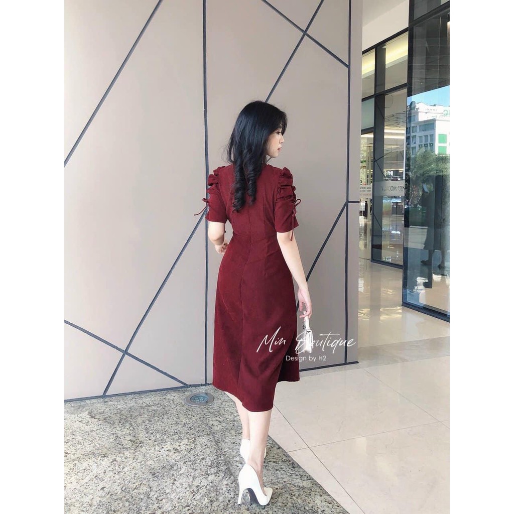 Đầm Nhung Đỏ Có Khóa Sau , Váy Nhung Tăm Tay Phồng Rút Eo Phối Cúc Ngọc Sang Trọng Tôn Dáng. | BigBuy360 - bigbuy360.vn