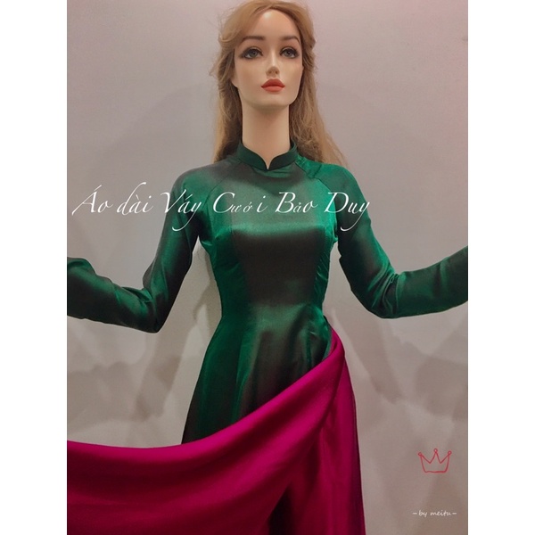 Áo dài tơ màu hồng xanh kiểu hoa hậu khánh Vân- hiền thục