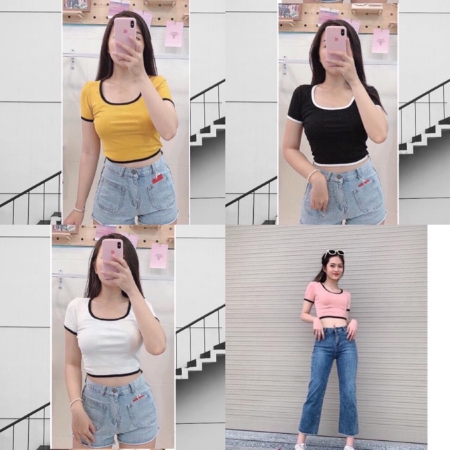 Áo phông croptop cổ U phối viền