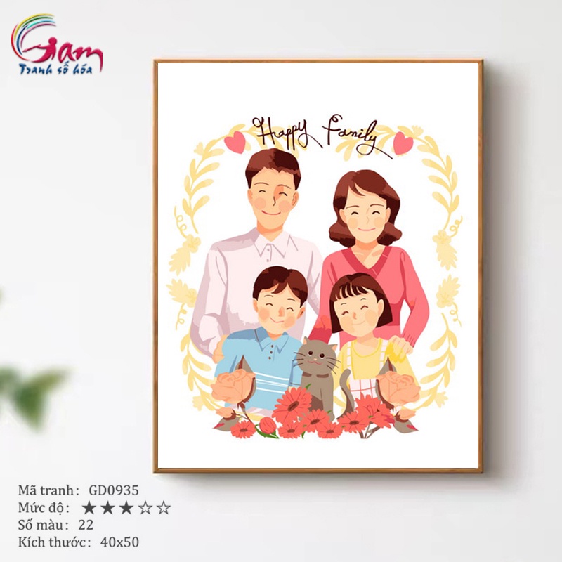 Tranh tô màu theo số Gam gia đình hạnh phúc có sẵn đã căng khung 40x50cm GD0935