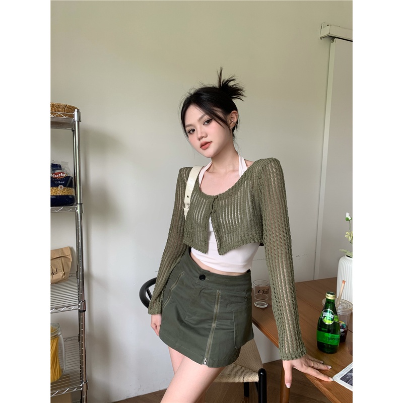 「MOTEL7」Áo Khoác Cardigan Dệt Kim Tay Dài + Áo Hai Dây Dáng Ngắn Thời Trang Cho Nữ