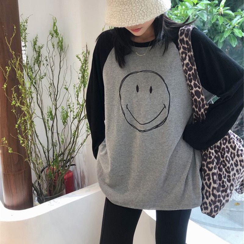 ZHELIHANGFEI Áo Len Tay Dài Dáng Rộng Họa Tiết Mặt Cười Dễ Phối Đồ