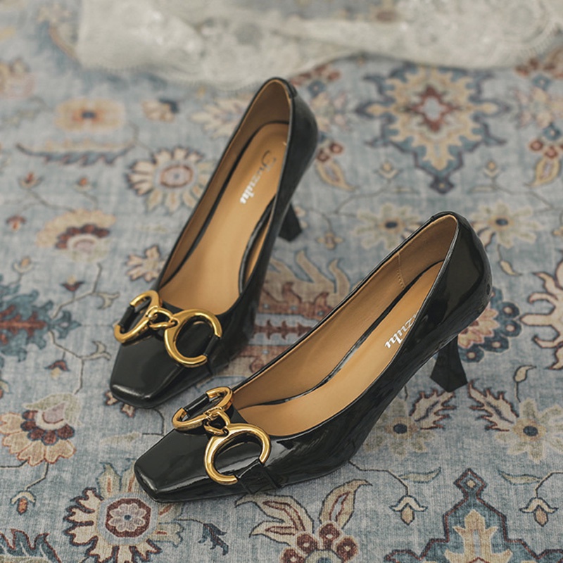 Giày Cao Gót Da Bóng Mũi Vuông Phong Cách Pháp
