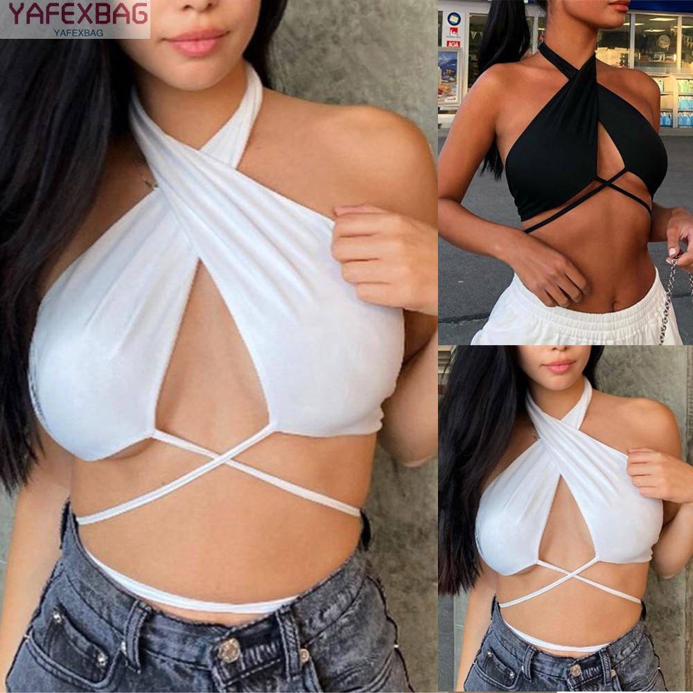 Top Clubwear Comfortable Halter Crop Top Lace-Up Polyester White/Black
