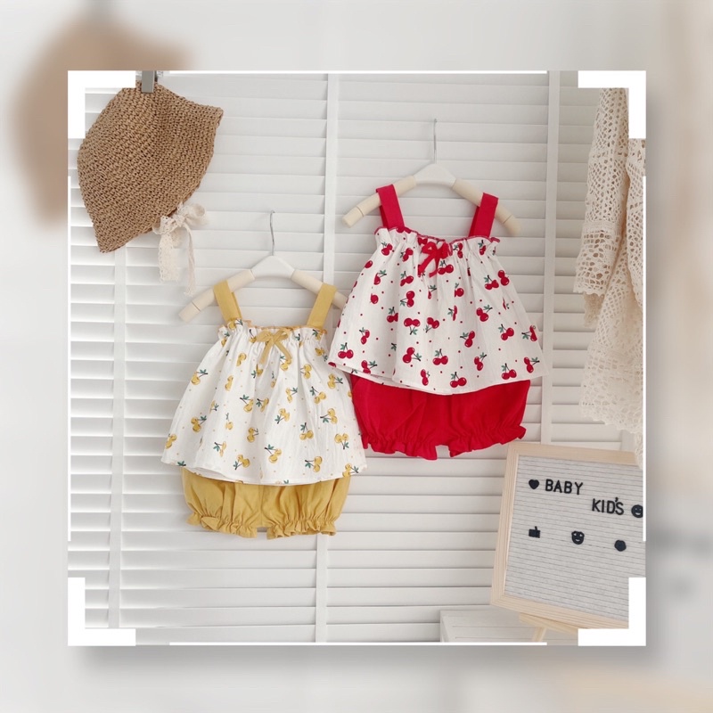 Bộ 2 dây hoạ tiết cherry cho bé gái 8-21kg