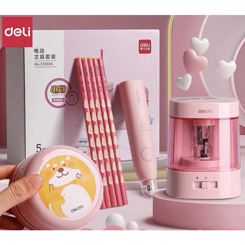 Bộ Văn phòng phẩm Tẩy - Gọt bút chì - Hút bụi tự động Deli/ Disney tặng bút chì, hộp tẩy thay thế - Quà tặng cho bé