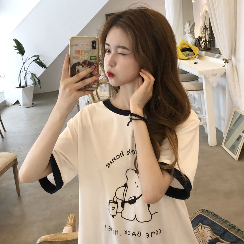 Korean Summer Version 2020 New Cute Round Collar Printed Geometric Student Tshirts Short Sleeve Fashion Top Women