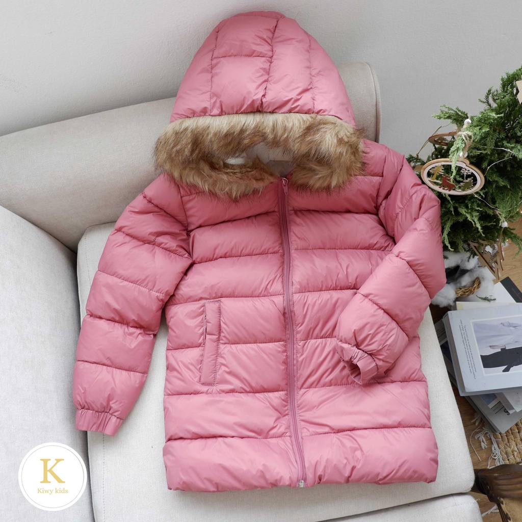 Áo phao trẻ em dáng dài Kiwy Kids có mũ lông chất liệu gió chần bông siêu nhẹ ấm áp Kids2141 bé 5 đến 11 tuổi
