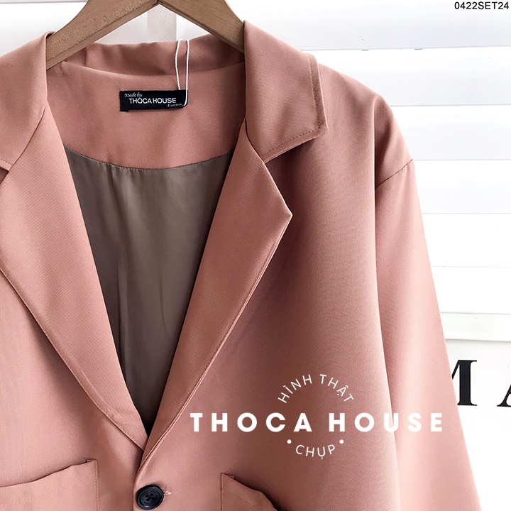 Set áo khoác vest 2 túi phối chân váy lưng thun THOCA HOUSE vải dày đi làm, đi học freesize dưới 56kg