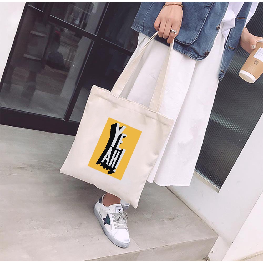 Túi Tote Vải Canvas đeo vai GINKO Có Dây Khóa Kéo( có túi con)  Kiểu Basic In Hình Yeah M50