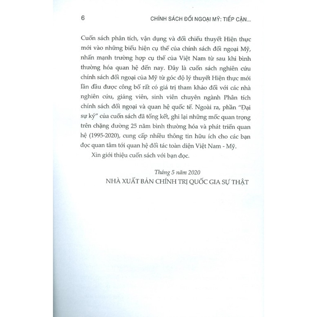 Sách - Chính Sách Đối Ngoại Mỹ: Tiếp Cận Từ Thuyết Hiện Thực Mới Và Trường Hợp Việt Nam Sau Khi Bình Thường Hóa Quan Hệ