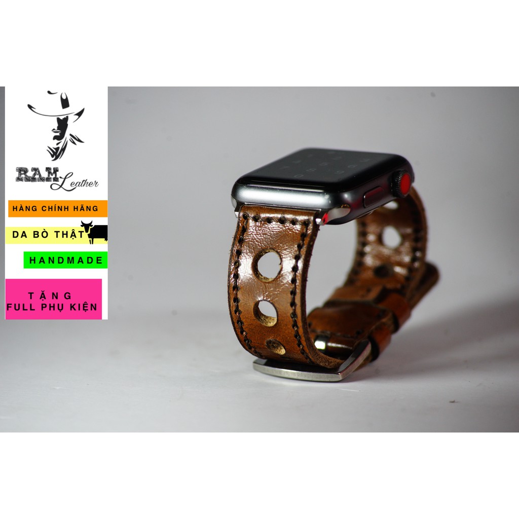 Dây đồng hồ da bò cao cấp nâu đỏ kiểu thoáng khí RAM Leather d3 cực đẹp - tặng khóa chốt và cây thay dây