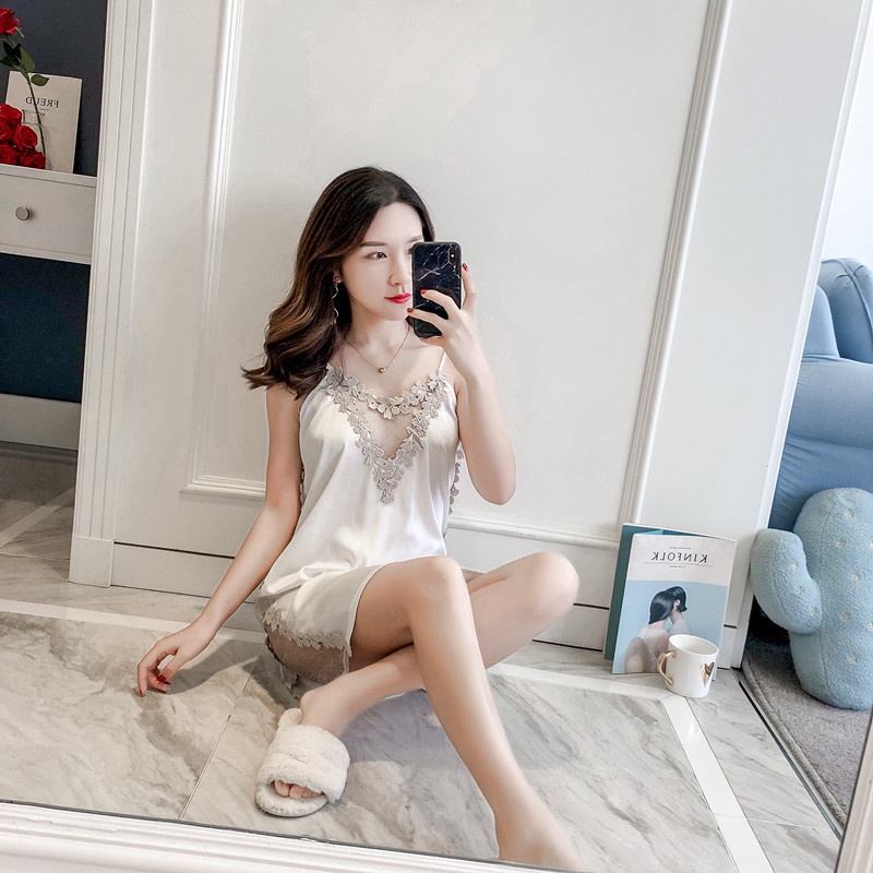 Đầm ngủ sexy 2 dây lụa phối ren ngực họa tiết trái tim dễ thương váy mặc nhà xẻ tà đùi gợi cảm đáng yêu BIKI HOUSE N151