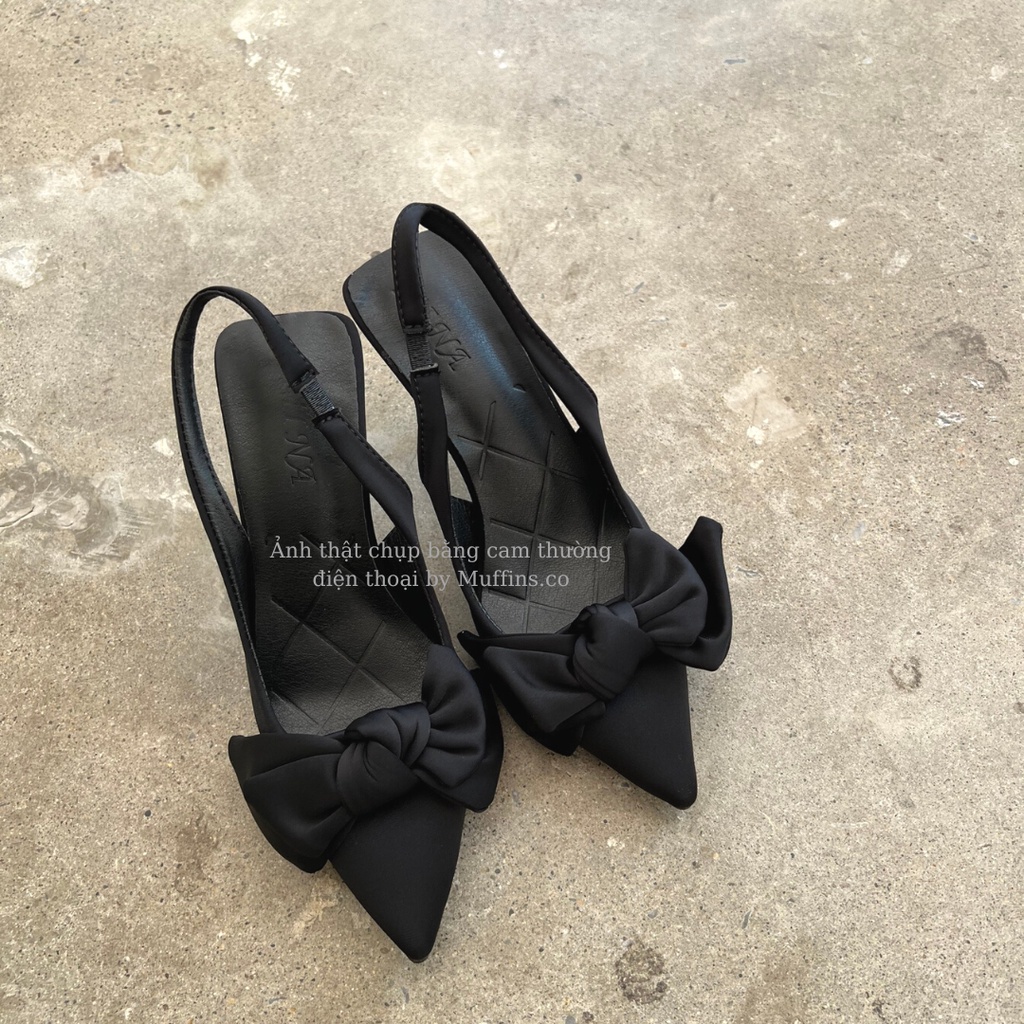 Giày cao gót nữ mũi nhọn hở gót thanh lịch tiểu thư nơ vải lụa satin cao cấp