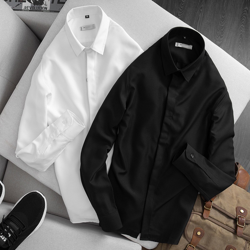 Sơ mi trắng giấu khuy nam ,nữ trắng ,đen ,xanh than cao cấp không bai màu ko nhăn fom chuẩn đóng gói kỹ