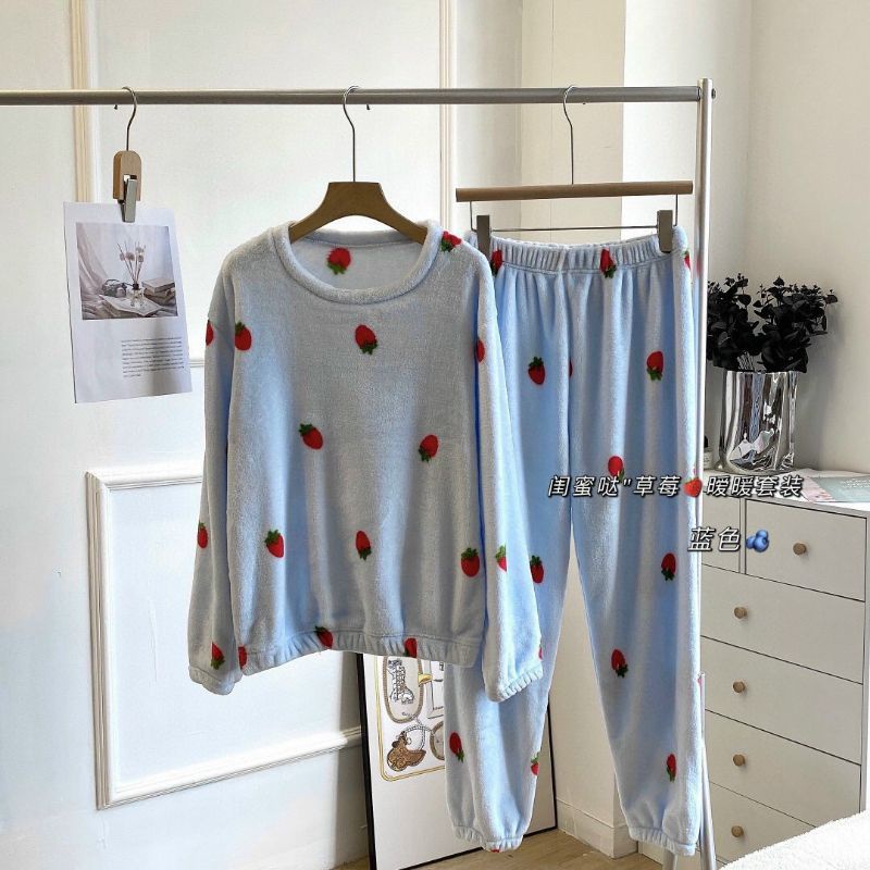 Bộ đồ ngủ lông trơn họa tiết DÂU, Quần bông giữ nhiệt siêu ấm
